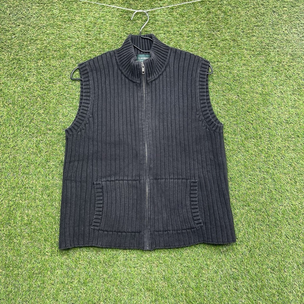 Lauren Ralph Lauren Sweater Vest Mens Large Black Ribbed Cotton Zip Mock Neck